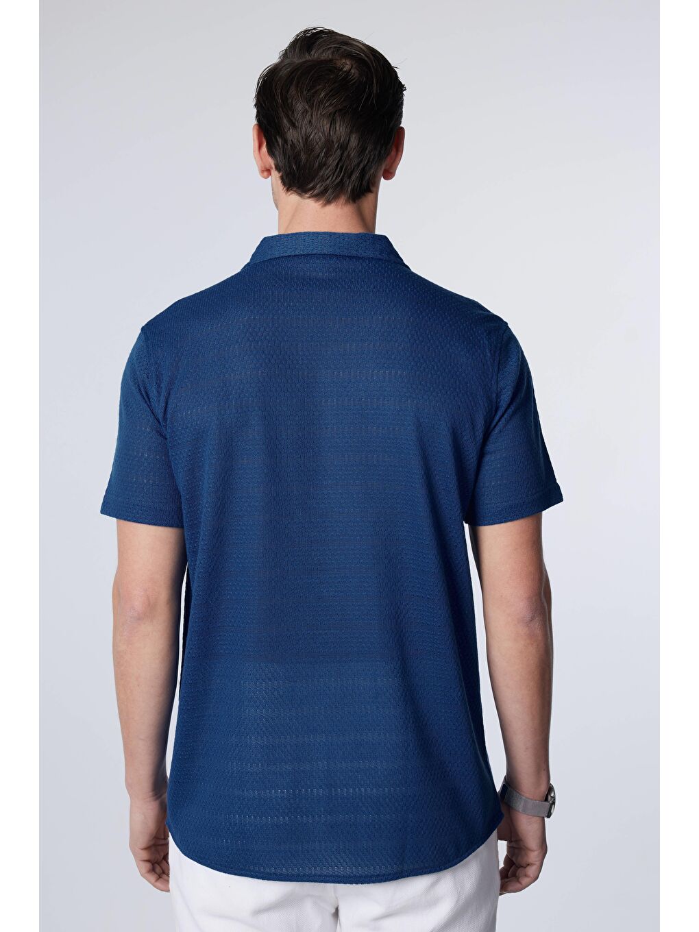 Slim Fit Kısa Kollu Dar Kesim Apaj Yaka Örme Kumaş Yazlık İndigo Erkek Gömlek-4