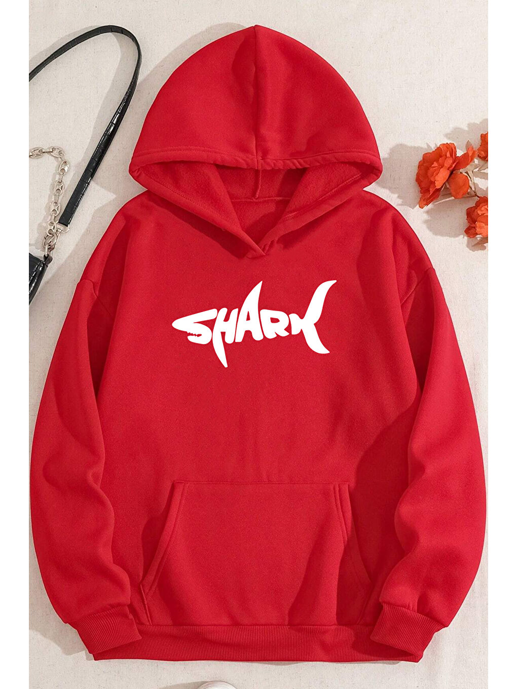 uyguntarz Kırmızı Unisex Shark Baskılı Oversize  Hoodie