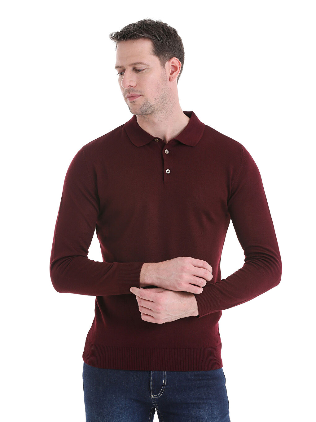 Hatemoğlu Bordo Regular Fit Düz Polo Yaka Triko Kazak - 3