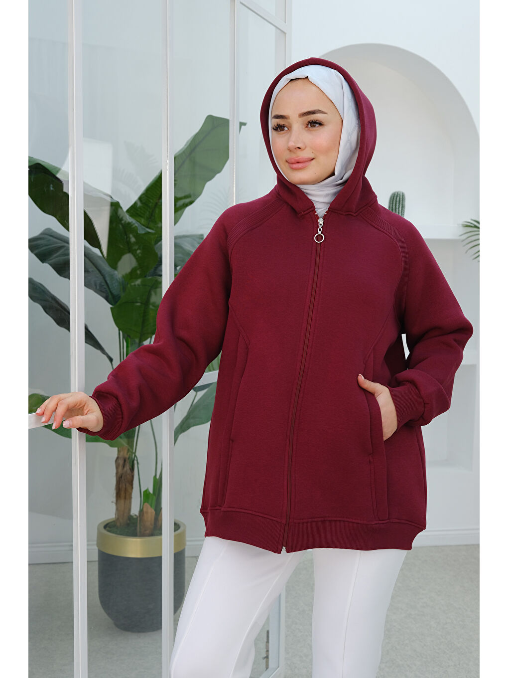 Süveter Detay Kapüşonlu  Fermuarlı Sweatshirt Bordo