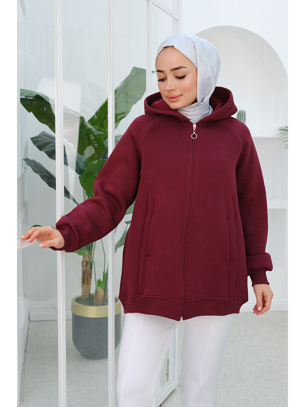 Süveter Detay Kapüşonlu  Fermuarlı Sweatshirt Bordo-2