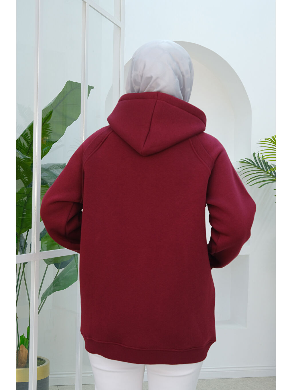 Süveter Detay Kapüşonlu  Fermuarlı Sweatshirt Bordo-3