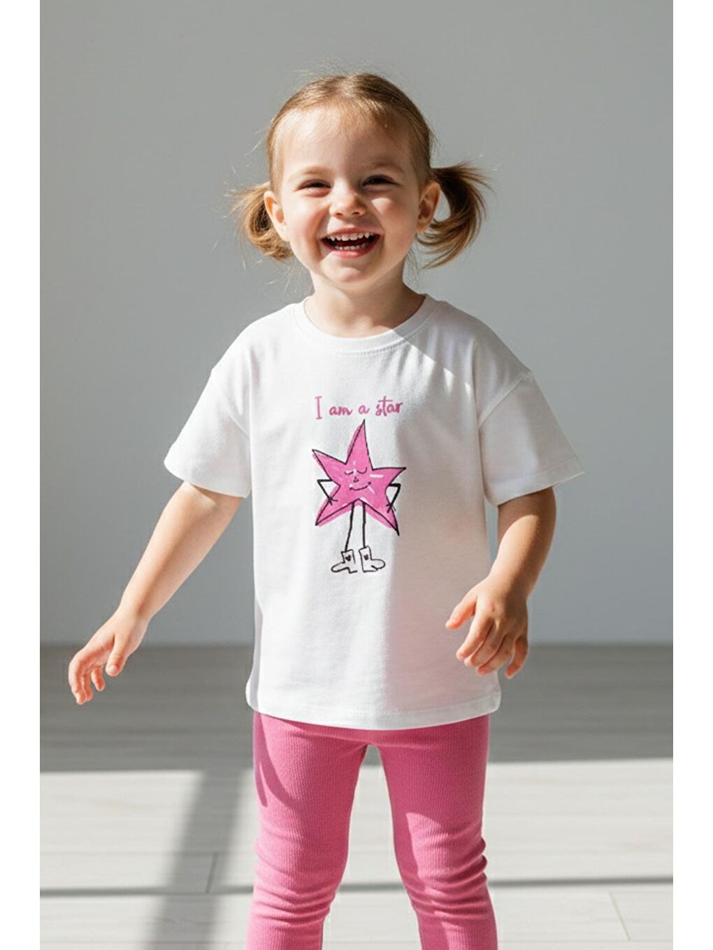 Antrasit Kız Çocuk Pamuklu Yıldız Baskılı T-Shirt Ve Fitilli Tayt 2'Li Takım-1