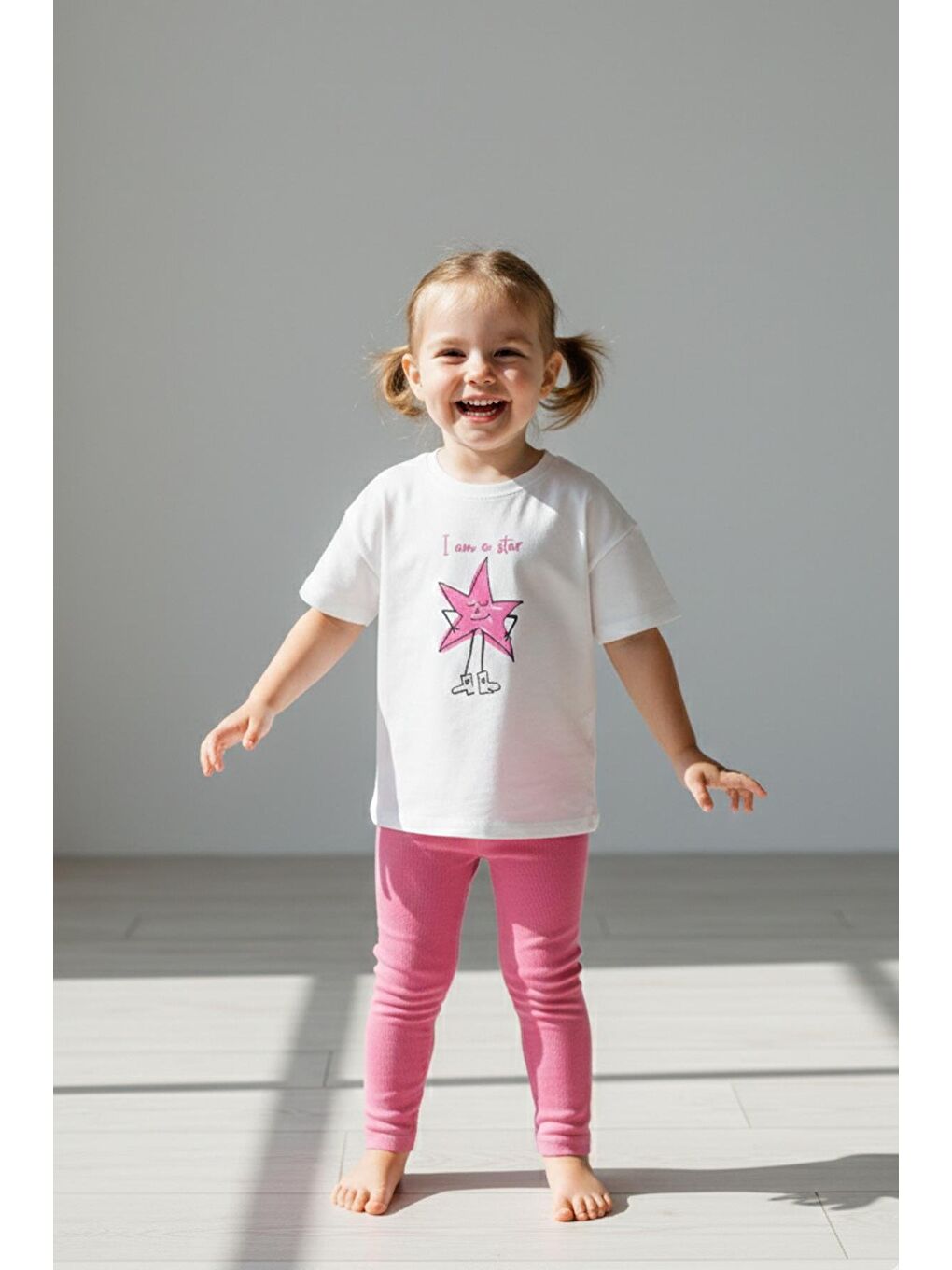 Antrasit Kız Çocuk Pamuklu Yıldız Baskılı T-Shirt Ve Fitilli Tayt 2'Li Takım-2