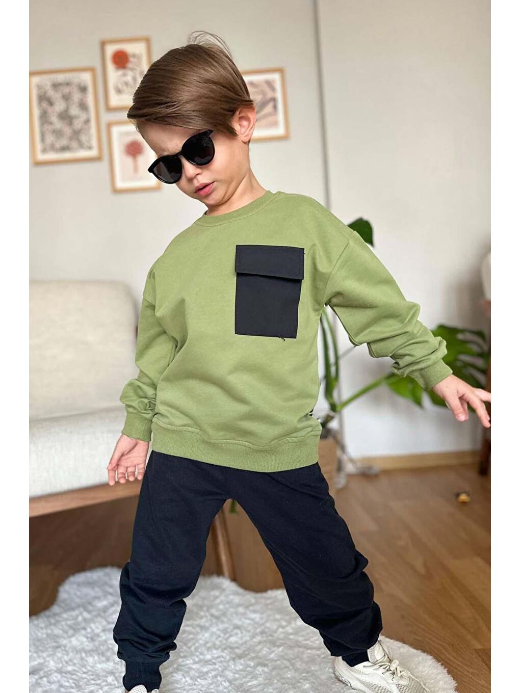 Erkek Çocuk Kapak Cepli Bisiklet Yaka Sweatshirt Haki Yeşil Eşofman Takım