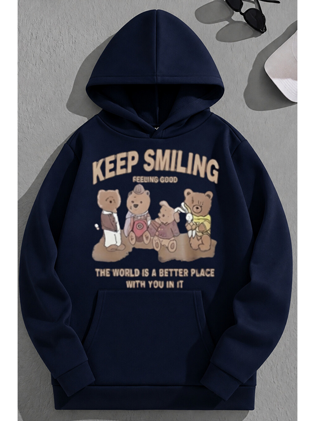 Unisex 3 İplik Pamuklu Lacivert Keepsmiling Baskı Bol Kalıp Sweatshirt Hoodie