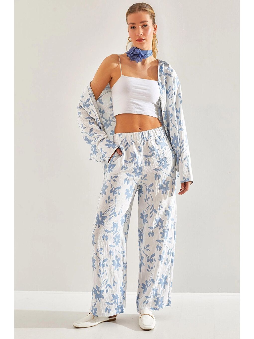 Ekru Kadın Beli Lastikli Pantolonlu Desenli Alt Üst Takım 60181002