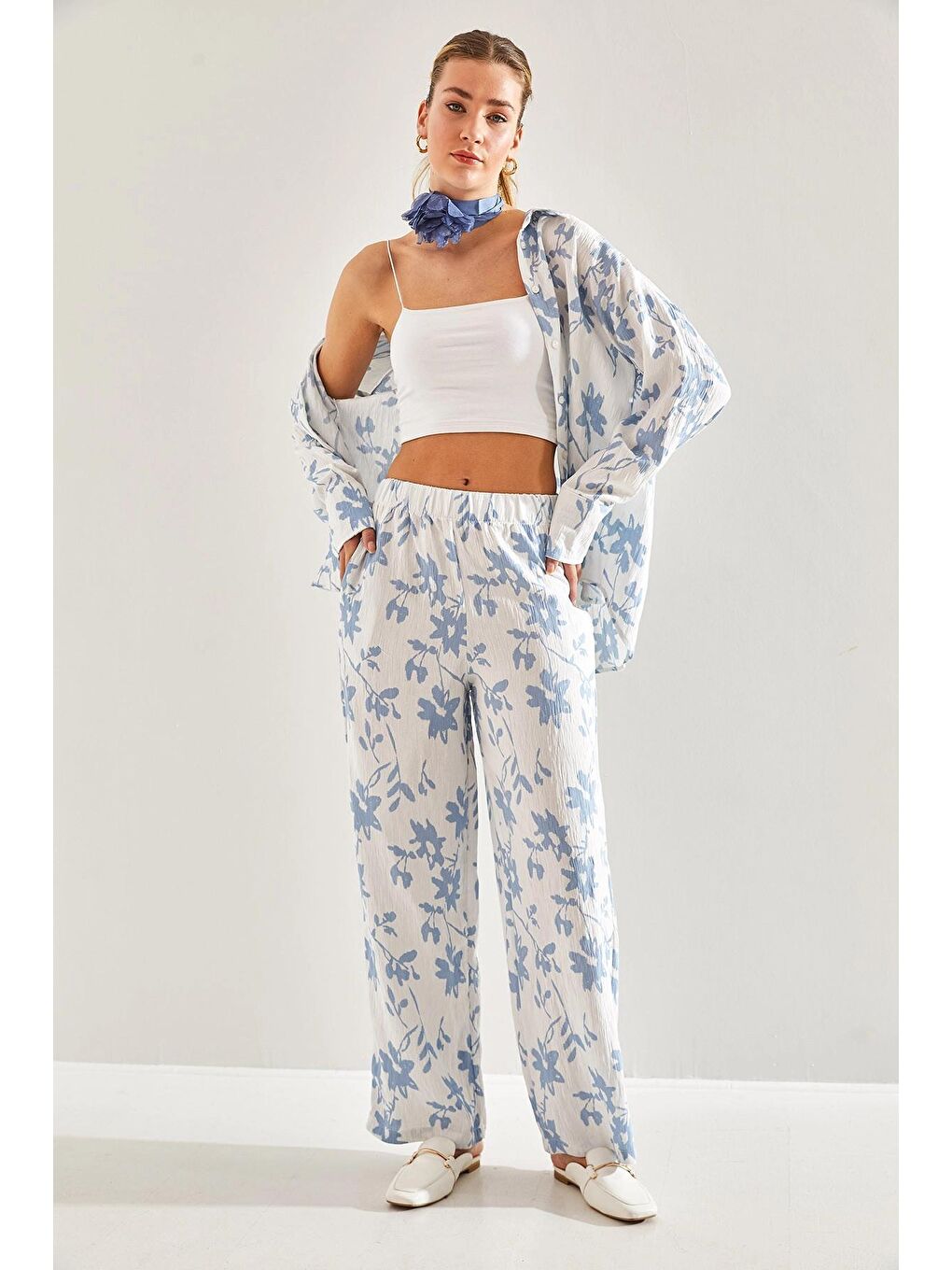 Ekru Kadın Beli Lastikli Pantolonlu Desenli Alt Üst Takım 60181002-1