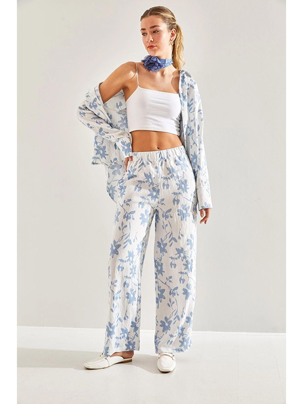 Ekru Kadın Beli Lastikli Pantolonlu Desenli Alt Üst Takım 60181002-2