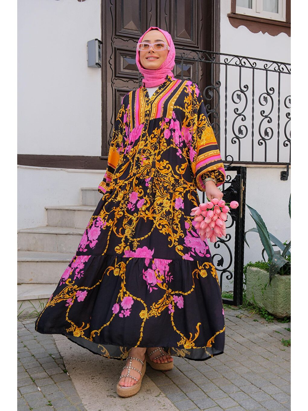 Çiçek Desen Elbise Siyah