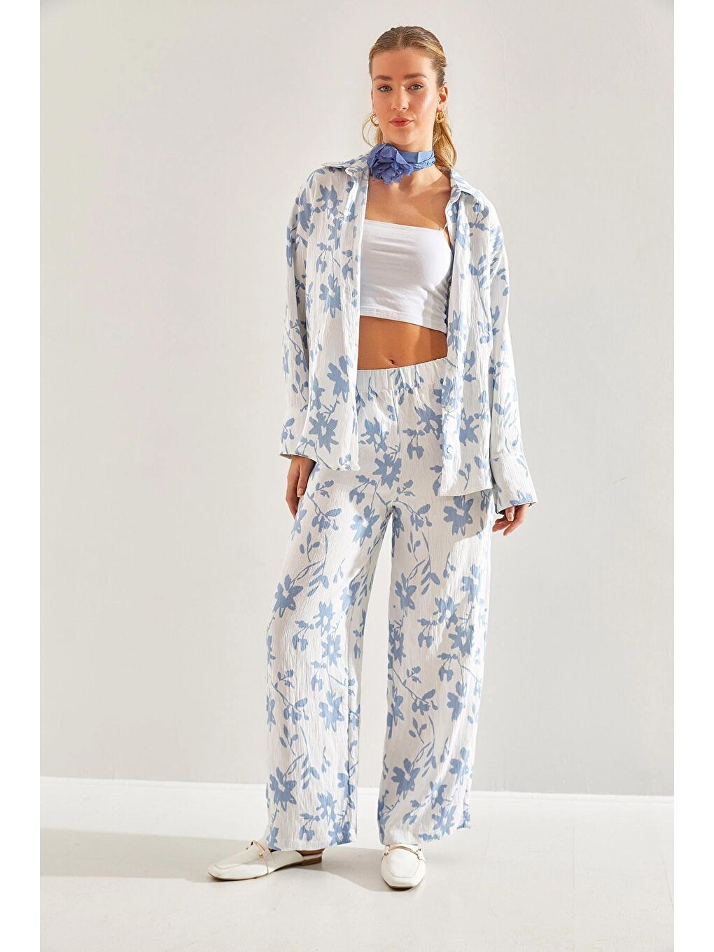 Ekru Kadın Beli Lastikli Pantolonlu Desenli Alt Üst Takım 60181002-3