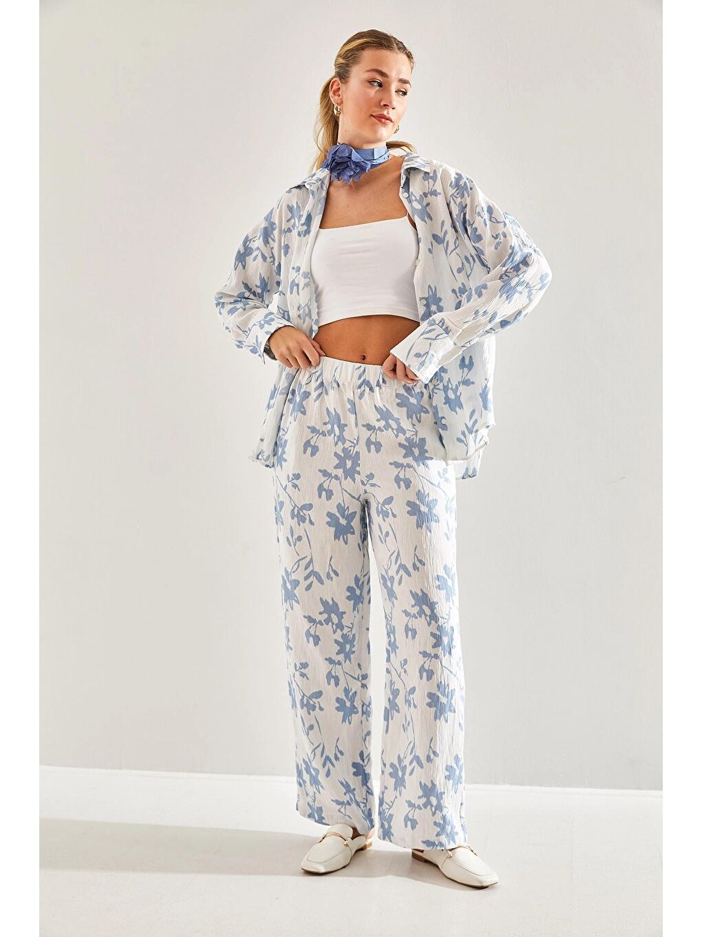 Ekru Kadın Beli Lastikli Pantolonlu Desenli Alt Üst Takım 60181002-4