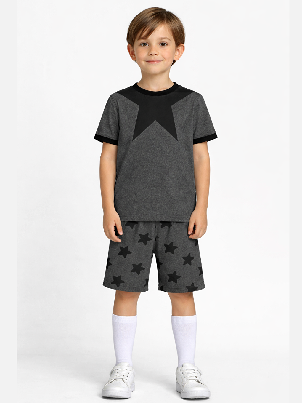Siyah Star Neck Erkek Çocuk Şort Takım