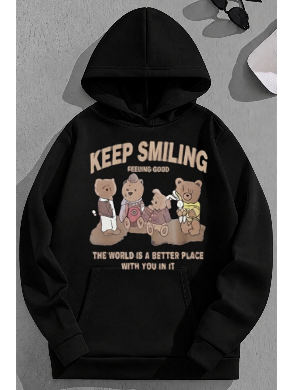 Unisex 3 İplik Pamuklu Siyah Keepsmiling Baskı Bol Kalıp Sweatshirt Hoodie
