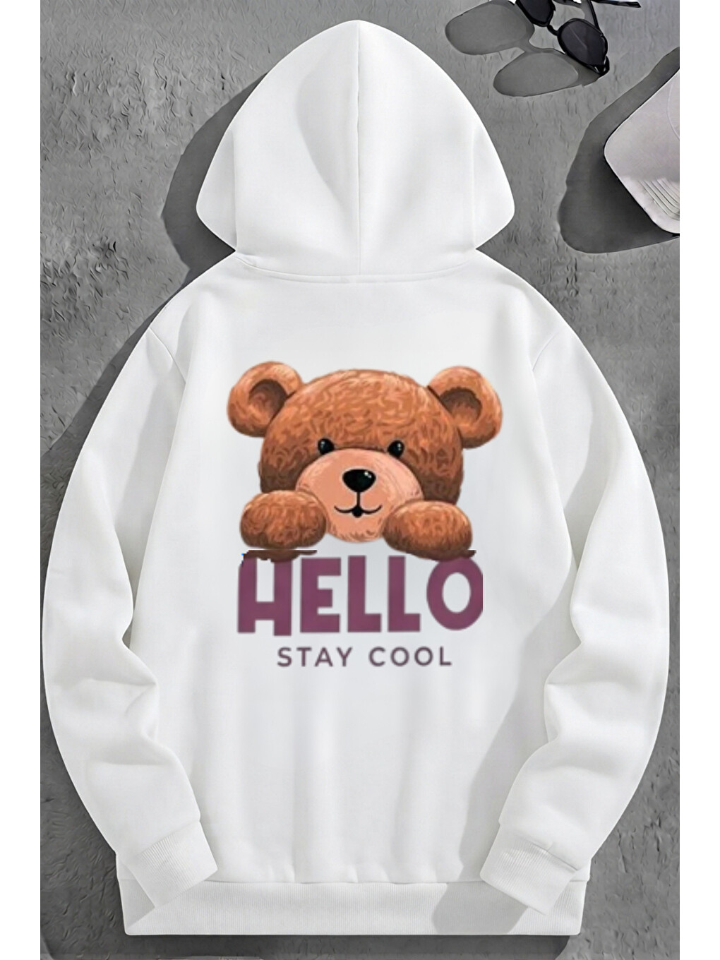 Unisex 3 İplik Pamuklu Beyaz Hello Bol Kalıp Sweatshirt Hoodie