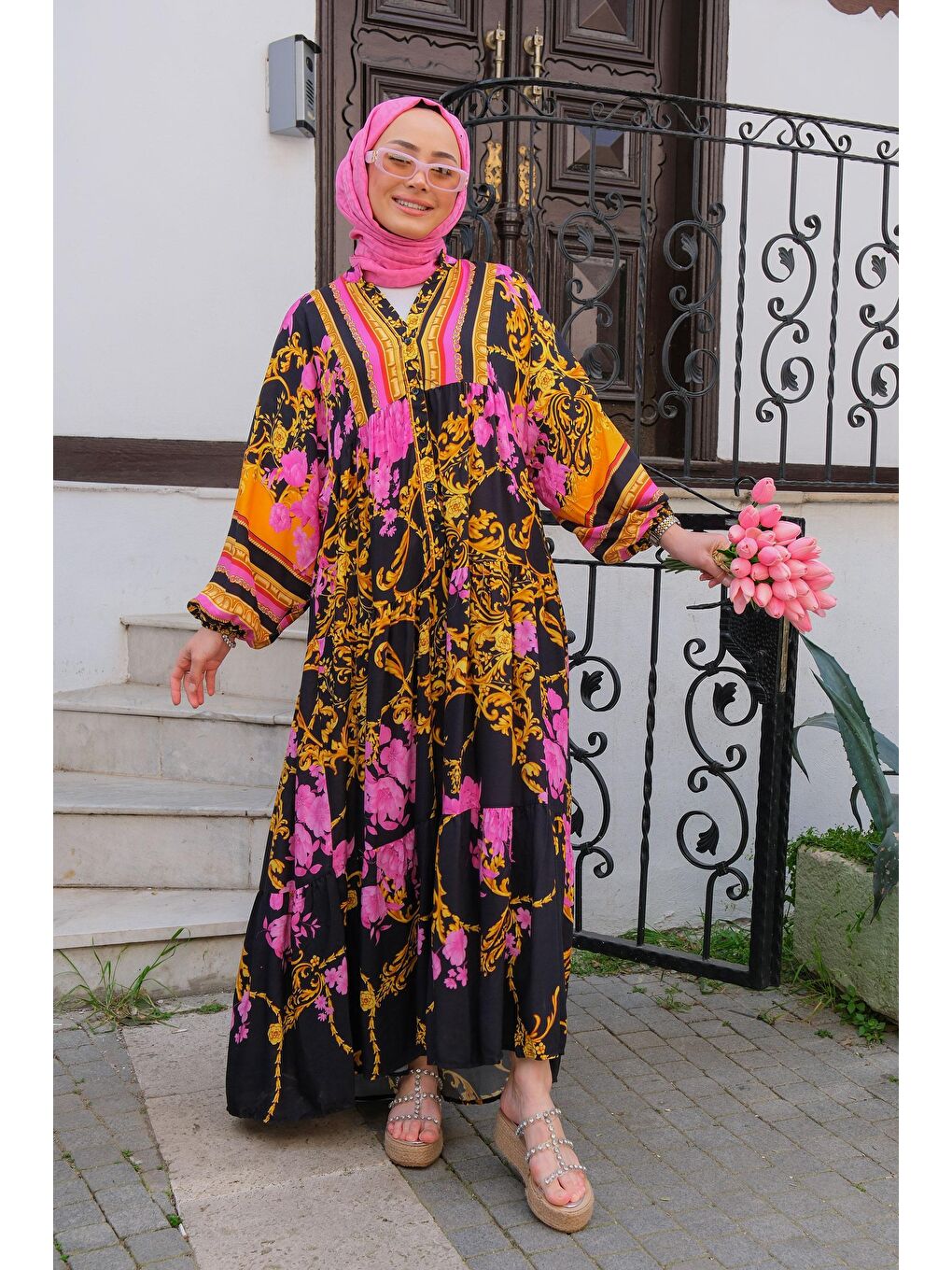 Çiçek Desen Elbise Siyah-3