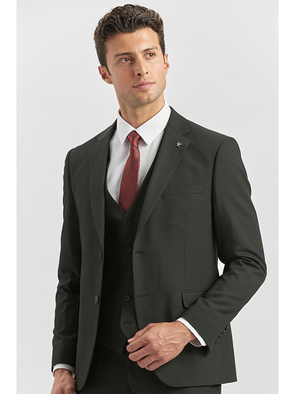 Siyah Desenli Armürlü Mono Yaka Yelekli Elastanlı 6 Drop Slim Fit Takım Elbise 1001240180-5