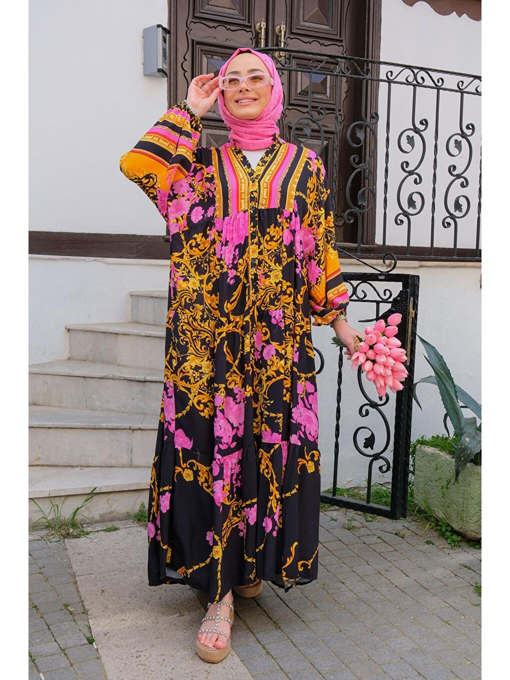 Çiçek Desen Elbise Siyah-4