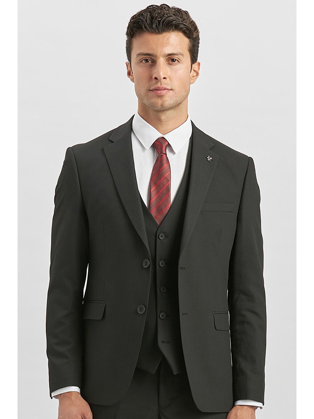 Siyah Desenli Armürlü Mono Yaka Yelekli Elastanlı 6 Drop Slim Fit Takım Elbise 1001240180-4