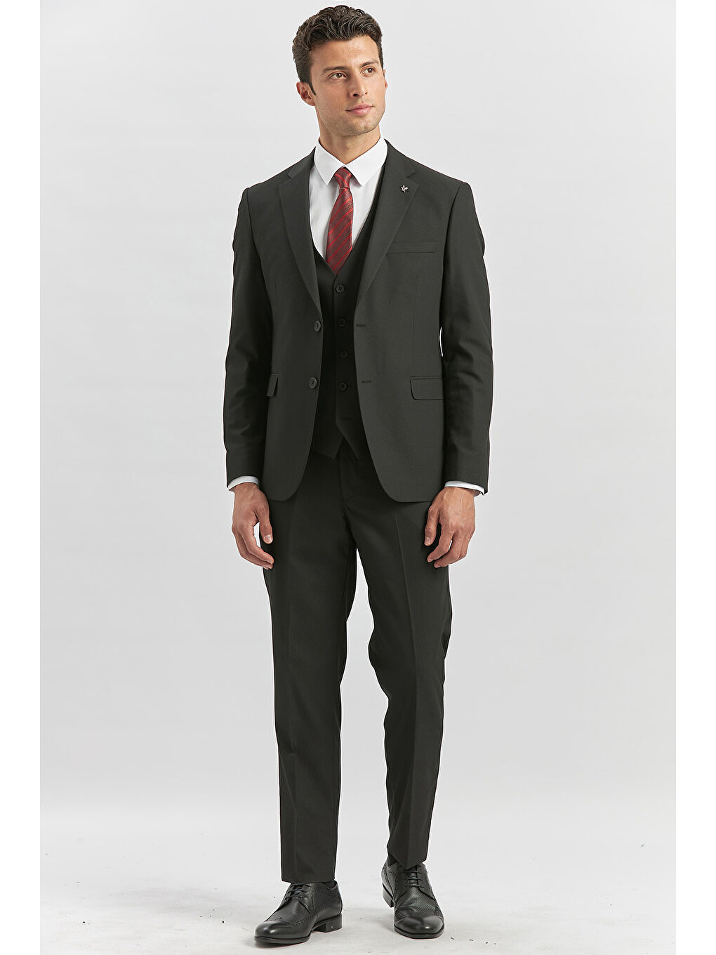 Siyah Desenli Armürlü Mono Yaka Yelekli Elastanlı 6 Drop Slim Fit Takım Elbise 1001240180-3