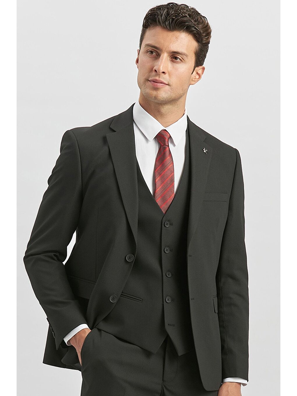 Siyah Desenli Armürlü Mono Yaka Yelekli Elastanlı 6 Drop Slim Fit Takım Elbise 1001240180-2