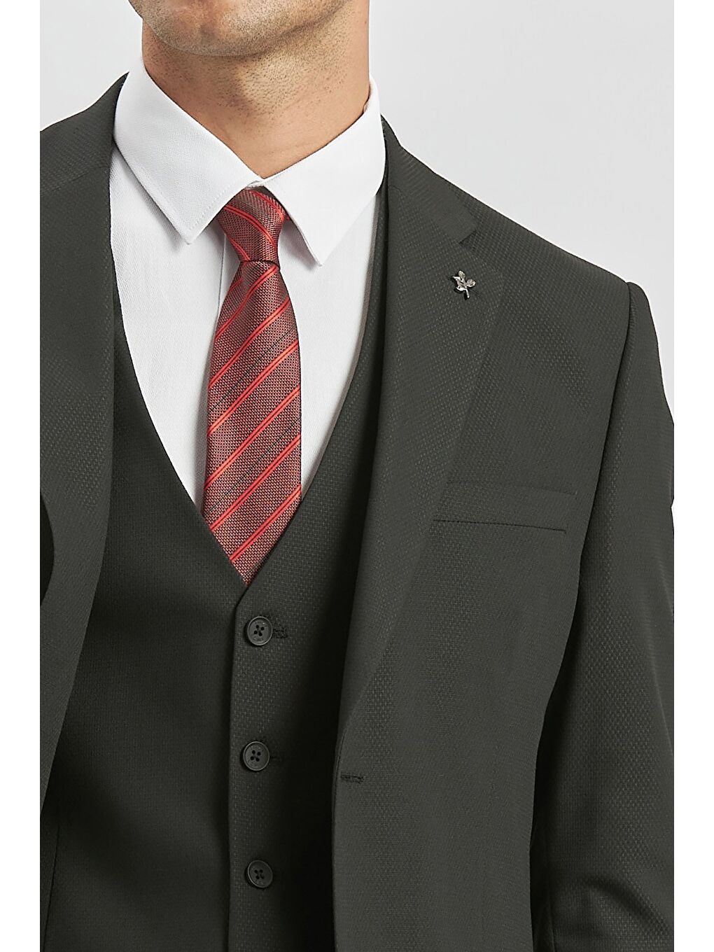 Siyah Desenli Armürlü Mono Yaka Yelekli Elastanlı 6 Drop Slim Fit Takım Elbise 1001240180