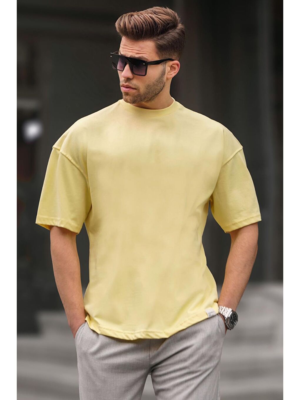 Erkek Sarı Oversize Fit Basic %100 Pamuk Tişört 6066