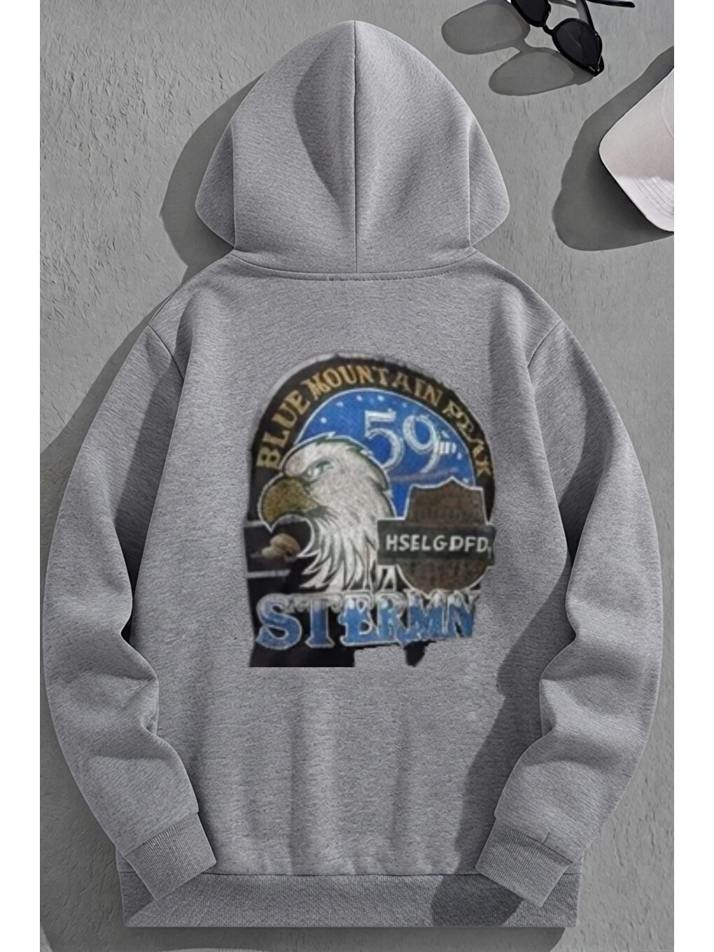 Unisex 3 İplik Pamuklu Gri Stermn Baskı Bol Kalıp Sweatshirt Hoodie