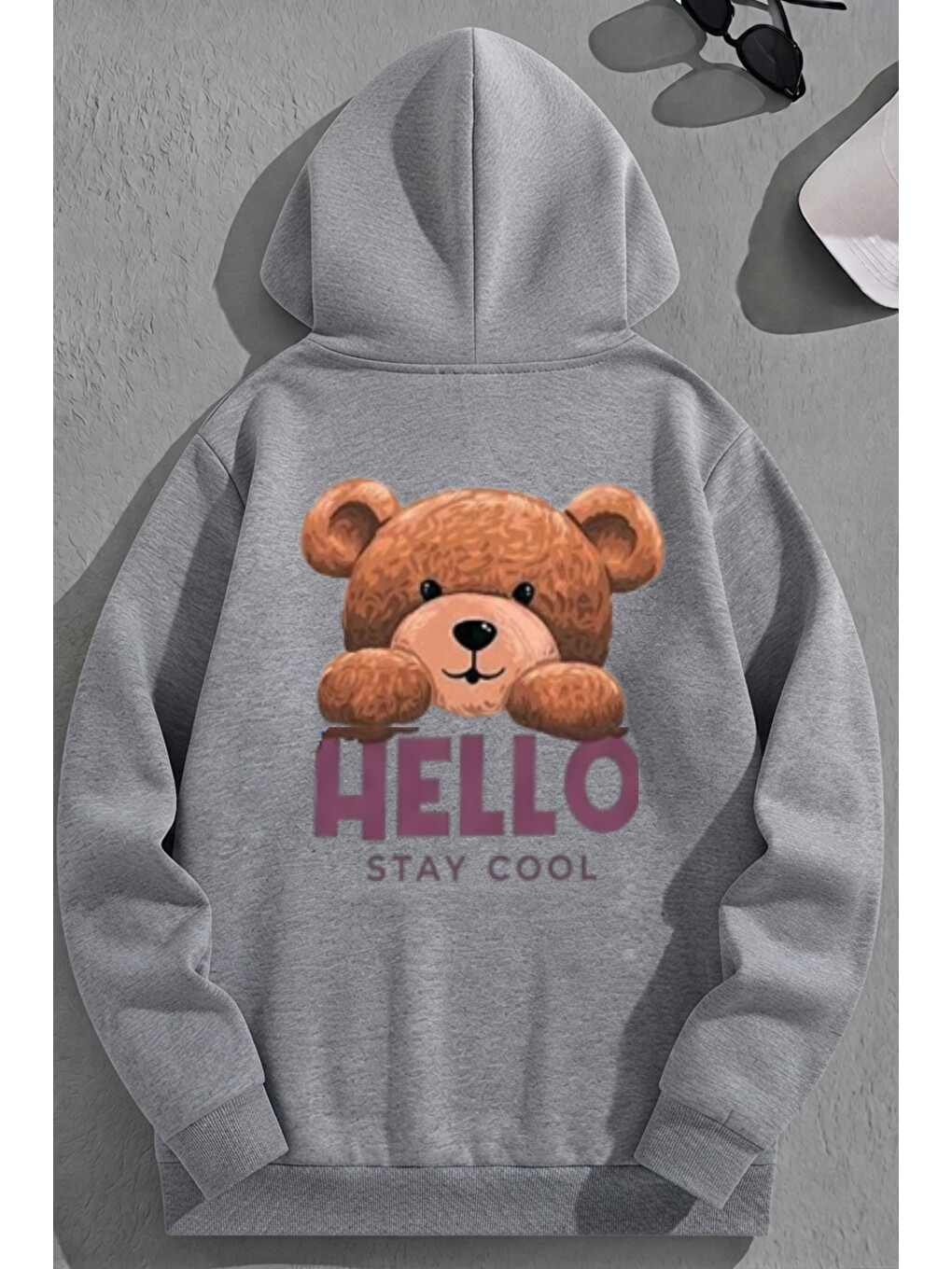 Unisex 3 İplik Pamuklu Gri Hello Bol Kalıp Sweatshirt Hoodie