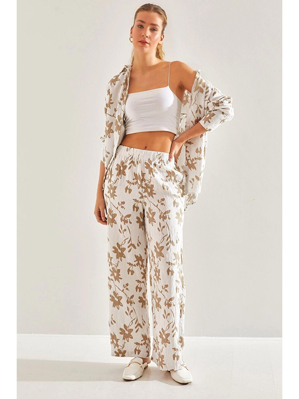 Ekru Kadın Beli Lastikli Pantolonlu Desenli Alt Üst Takım 60181002