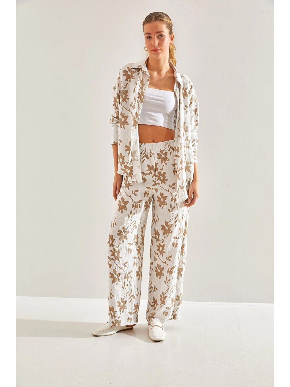 Ekru Kadın Beli Lastikli Pantolonlu Desenli Alt Üst Takım 60181002-1