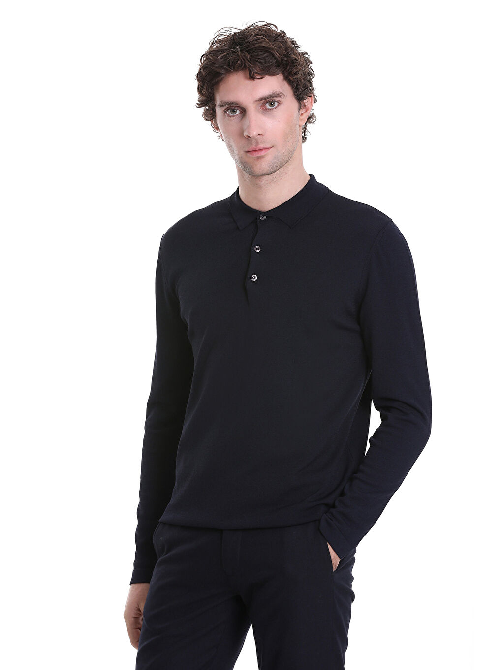 Lacivert Regular Fit Düz Polo Yaka Yünlü Triko Kazak