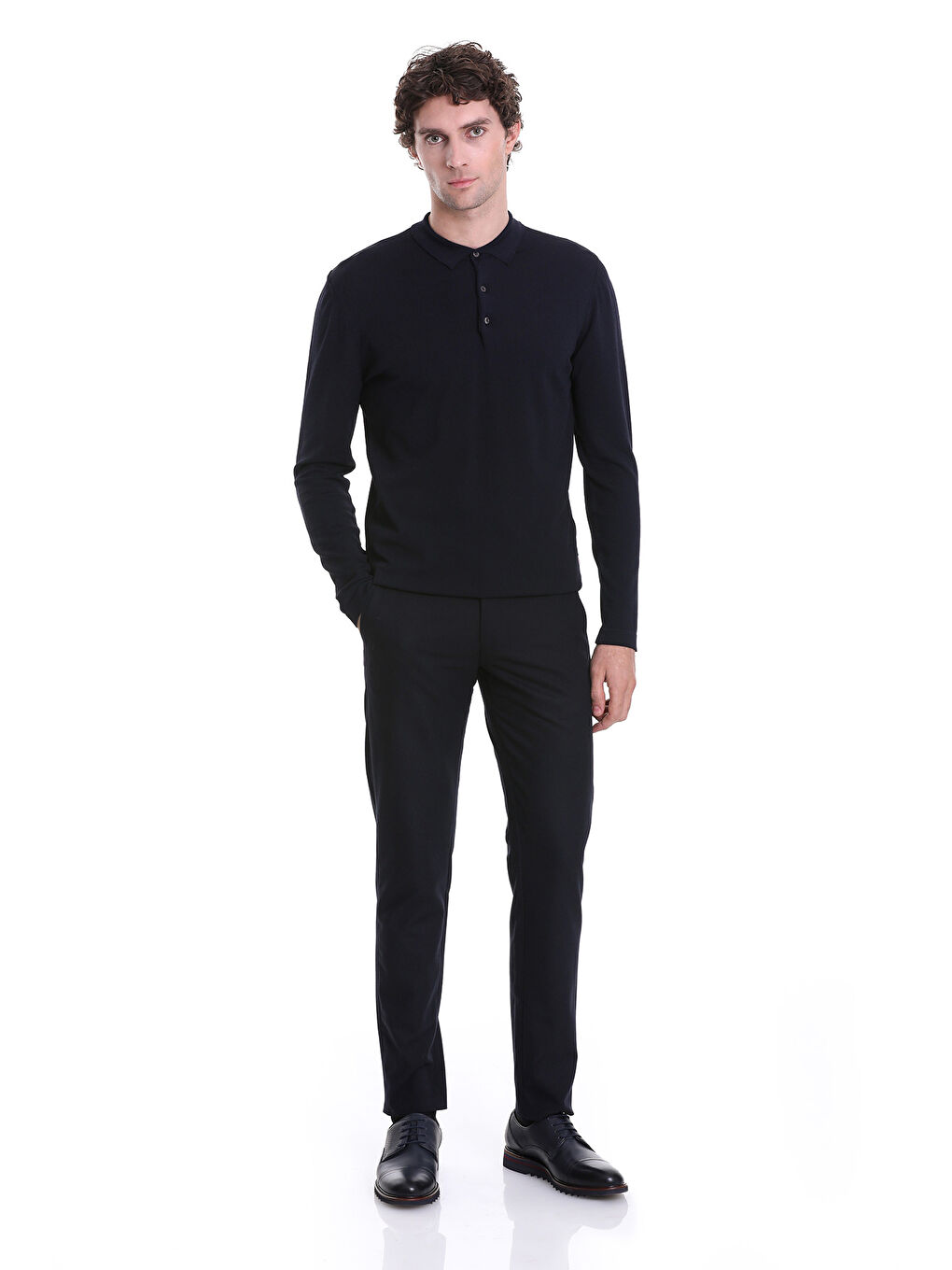 Lacivert Regular Fit Düz Polo Yaka Yünlü Triko Kazak-1