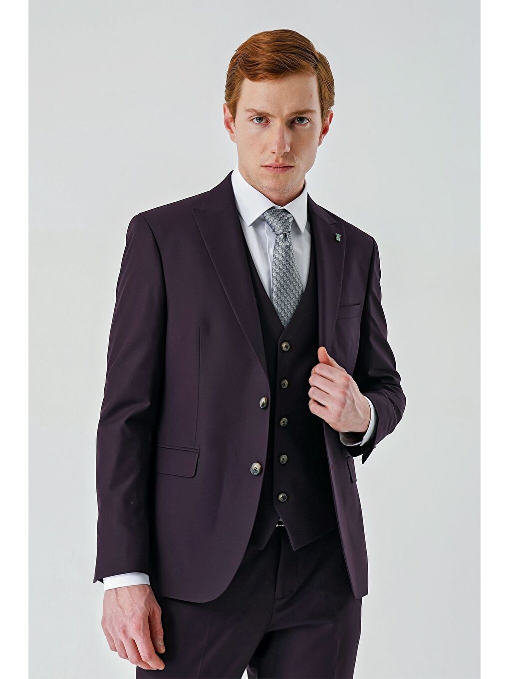 Mürdüm Gabardin Kırlangıç Yaka Yelekli 6 Drop Slim Fit Klasik Takım Elbise 1001240187