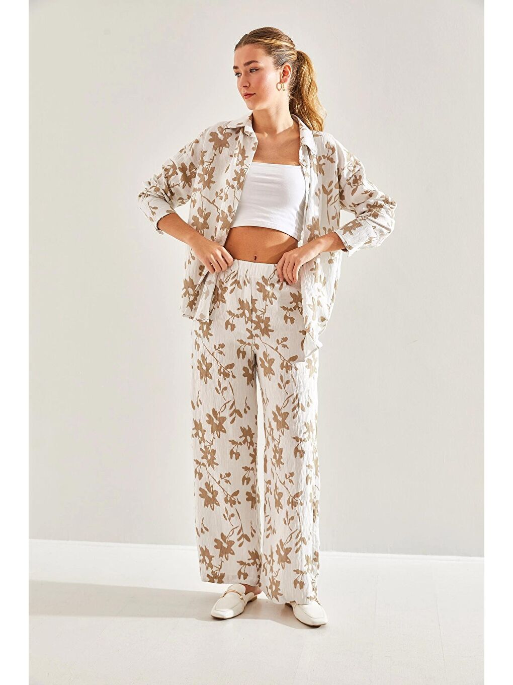 Ekru Kadın Beli Lastikli Pantolonlu Desenli Alt Üst Takım 60181002-2