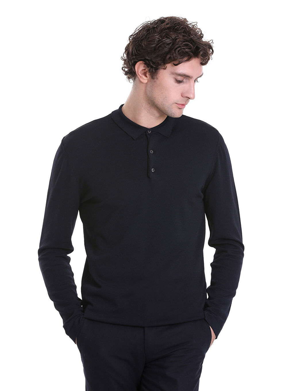 Lacivert Regular Fit Düz Polo Yaka Yünlü Triko Kazak-2