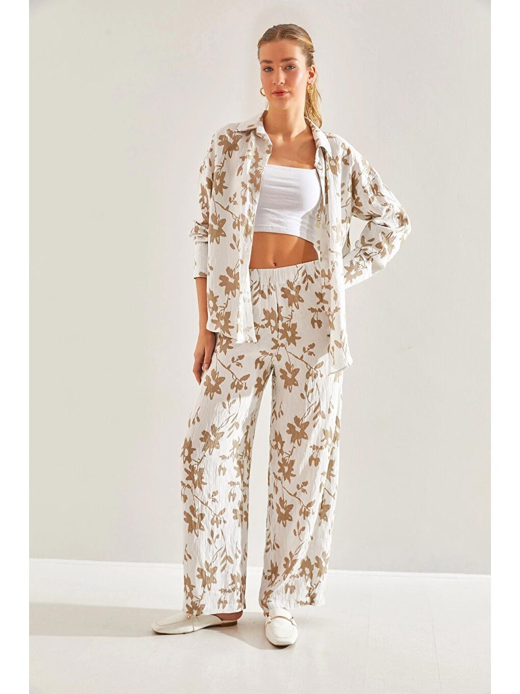 Ekru Kadın Beli Lastikli Pantolonlu Desenli Alt Üst Takım 60181002-3