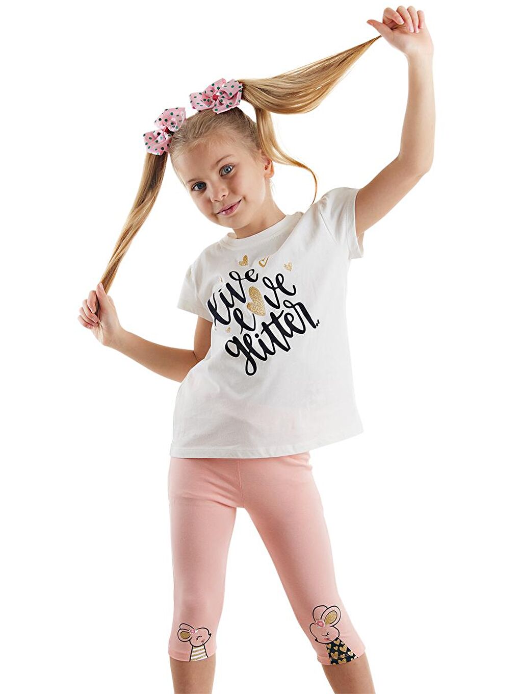 Denokids Krem-Pembe Sevimli Fareler Kız Çocuk T-shirt Tayt Takım