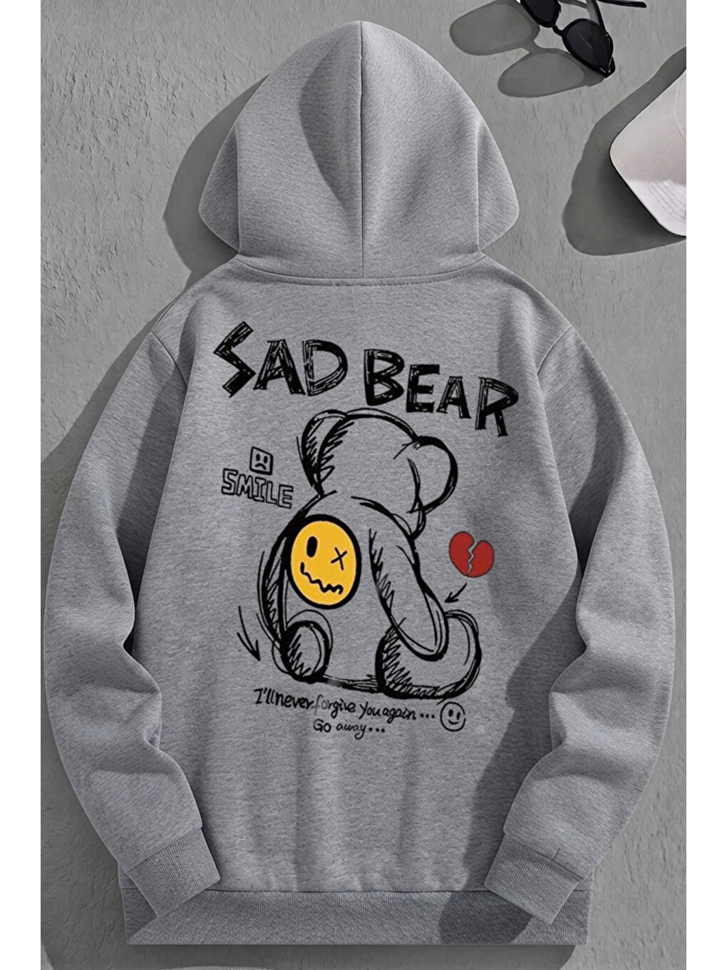 Unisex 3 İplik Pamuklu Gri Sadbear Baskı Bol Kalıp Sweatshirt Hoodie