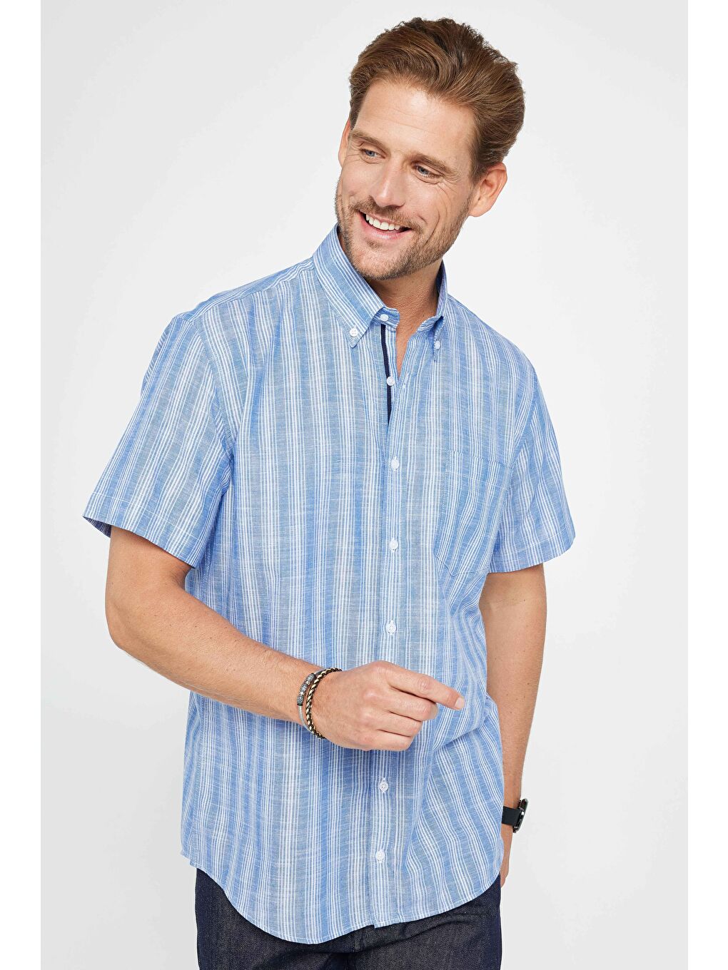 Karışık Erkek Regular Fit Klasik Kesim %100 Pamuk Keten Doku Tek Cepli Çizgili Düğmeli Yaka Gömlek