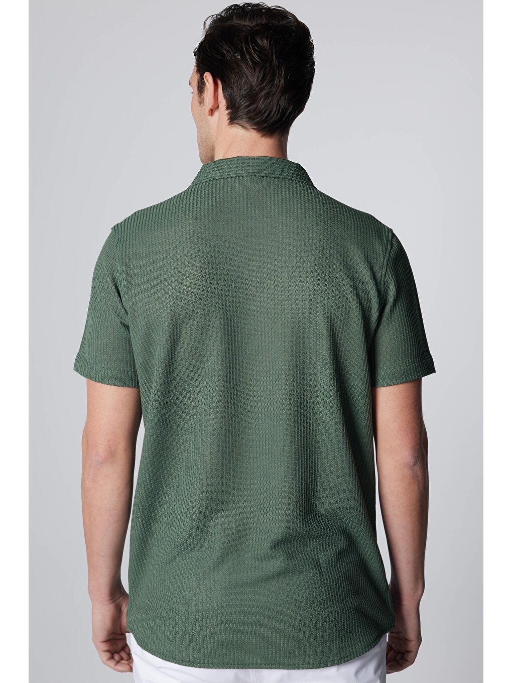 Slim Fit Kısa Kollu Dar Kesim Apaj Yaka Örme Kumaş Yazlık Haki Erkek Gömlek-4
