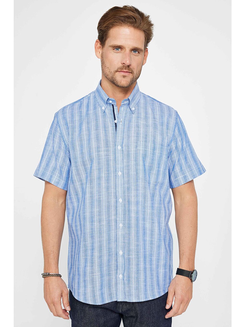Karışık Erkek Regular Fit Klasik Kesim %100 Pamuk Keten Doku Tek Cepli Çizgili Düğmeli Yaka Gömlek-1