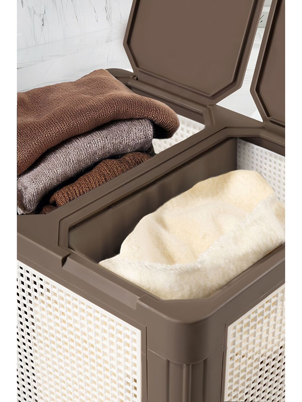 Beyaz SmartDuo İki Bölmeli Çamaşır Sepeti 84Lt-1