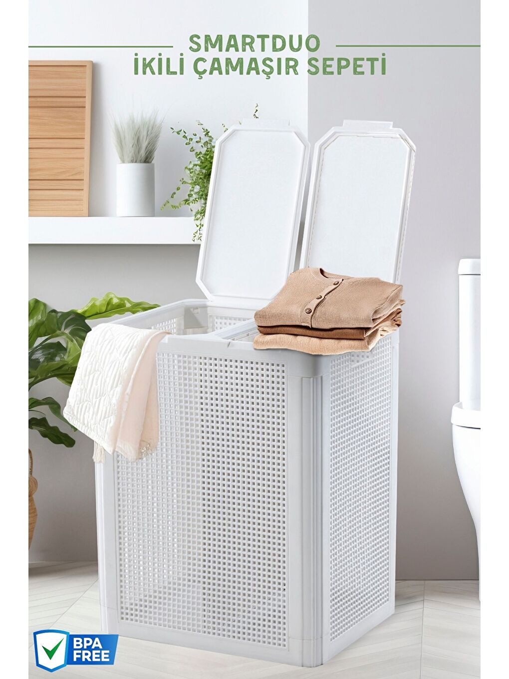 Beyaz SmartDuo İki Bölmeli Çamaşır Sepeti 84Lt
