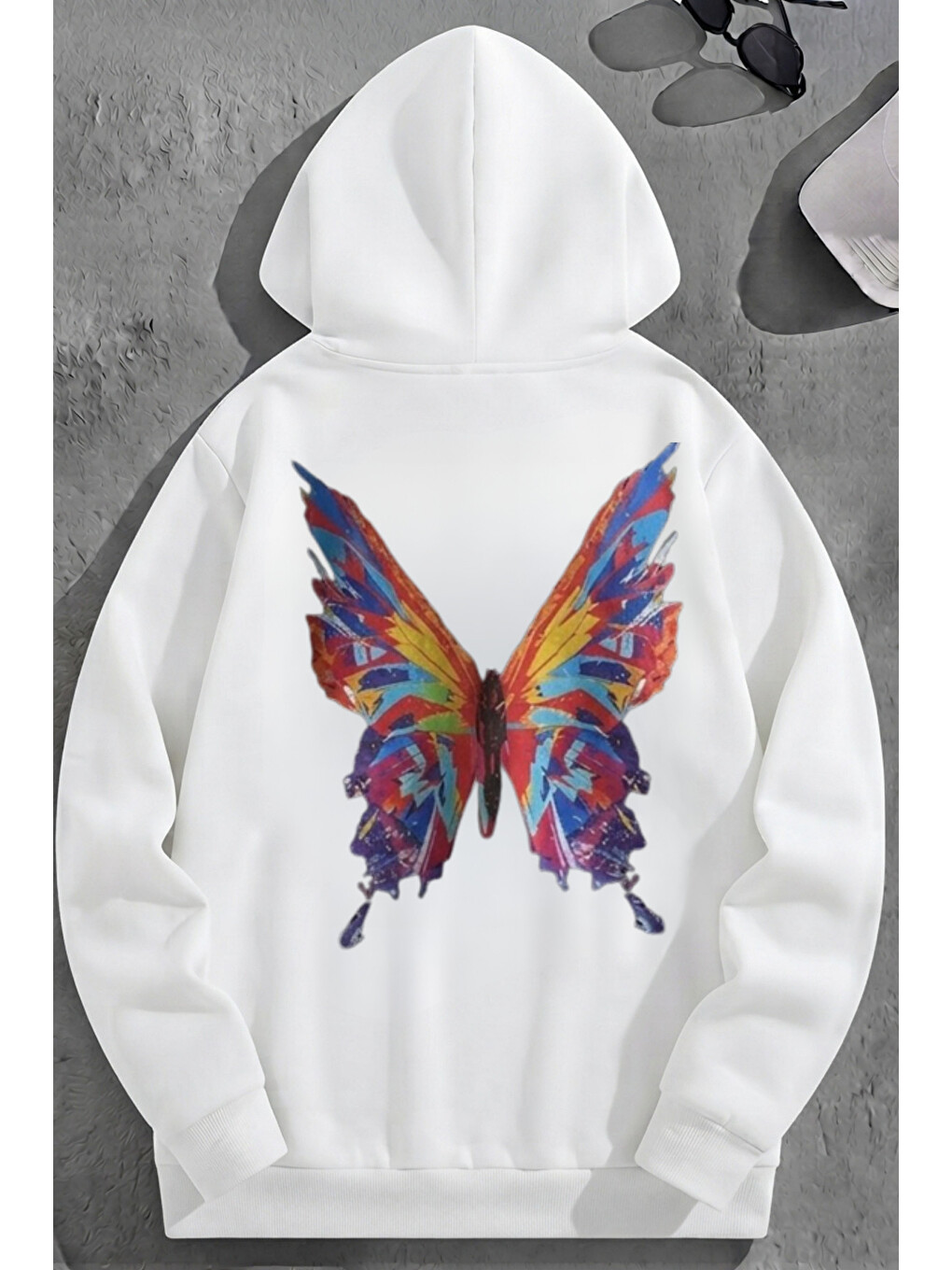 Unisex 3 İplik Pamuklu Beyaz Renklikelebek Baskı Bol Kalıp Sweatshirt Hoodie