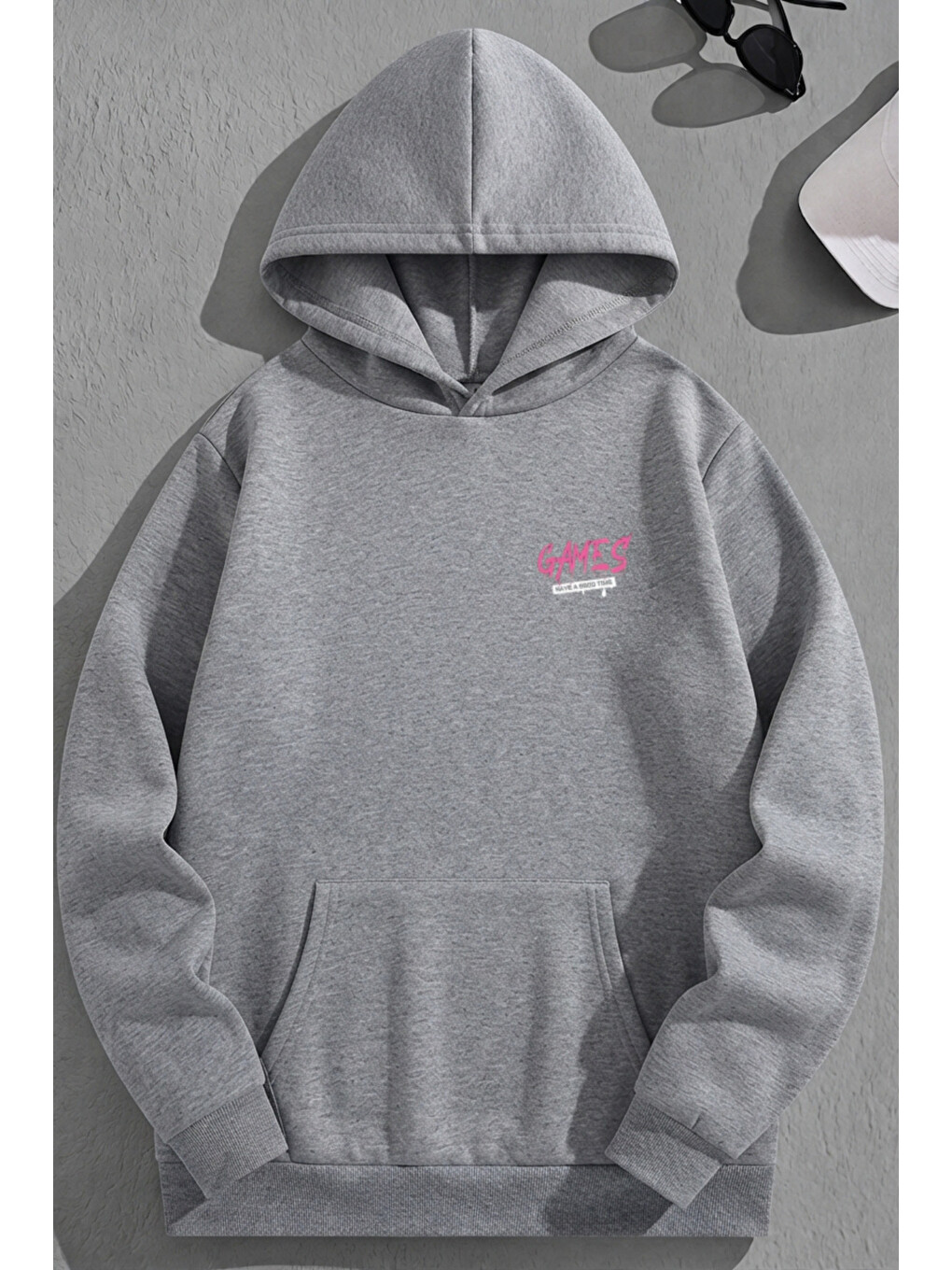 Unisex 3 İplik Pamuklu Gri Games Bol Kalıp Sweatshirt Hoodie-1