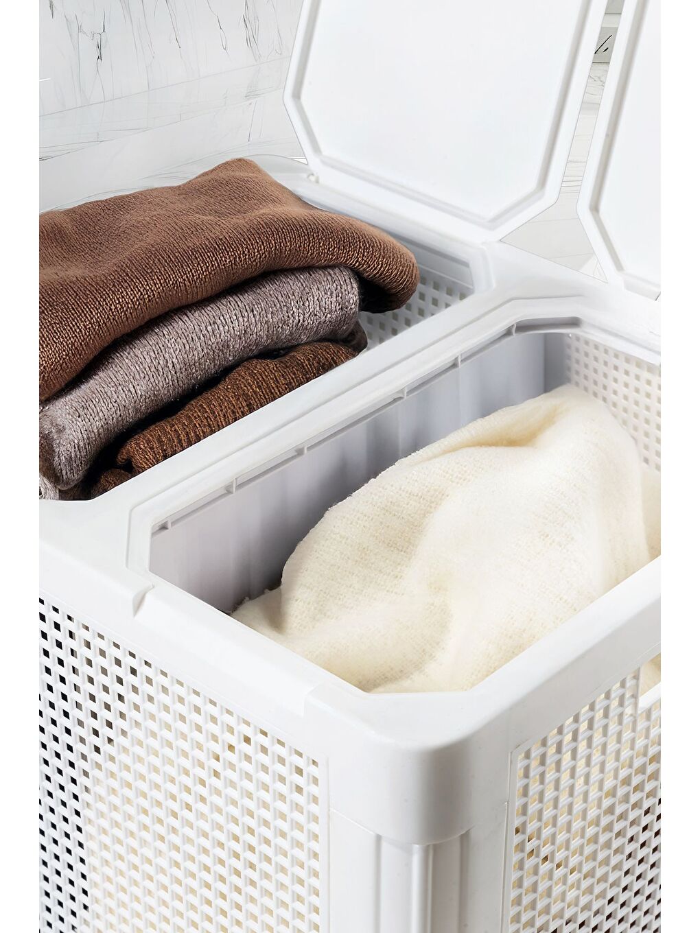 Beyaz SmartDuo İki Bölmeli Çamaşır Sepeti 84Lt-1