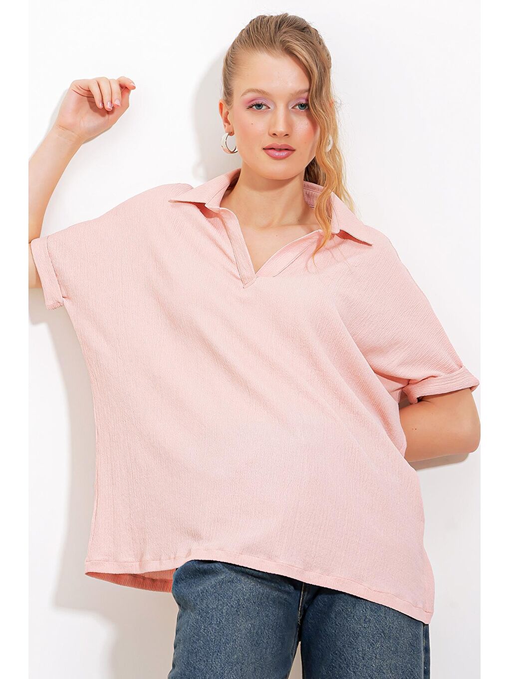 Bigdart Pudra Pembe Kadın Pudra Oversize Polo Yaka Örme Bluz 0486