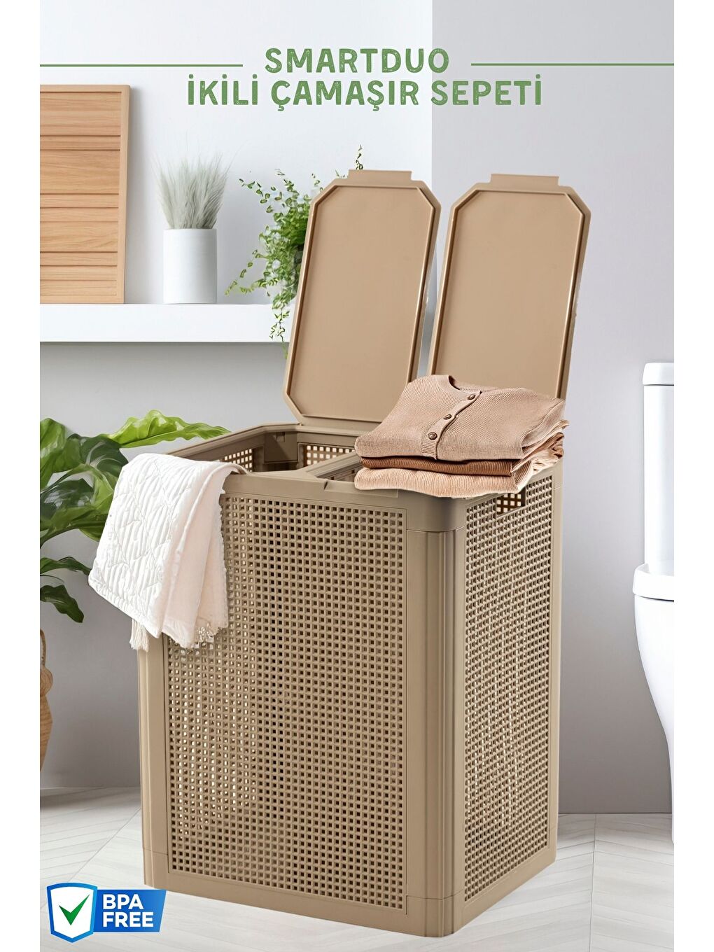 Kahverengi SmartDuo İki Bölmeli Çamaşır Sepeti 84Lt