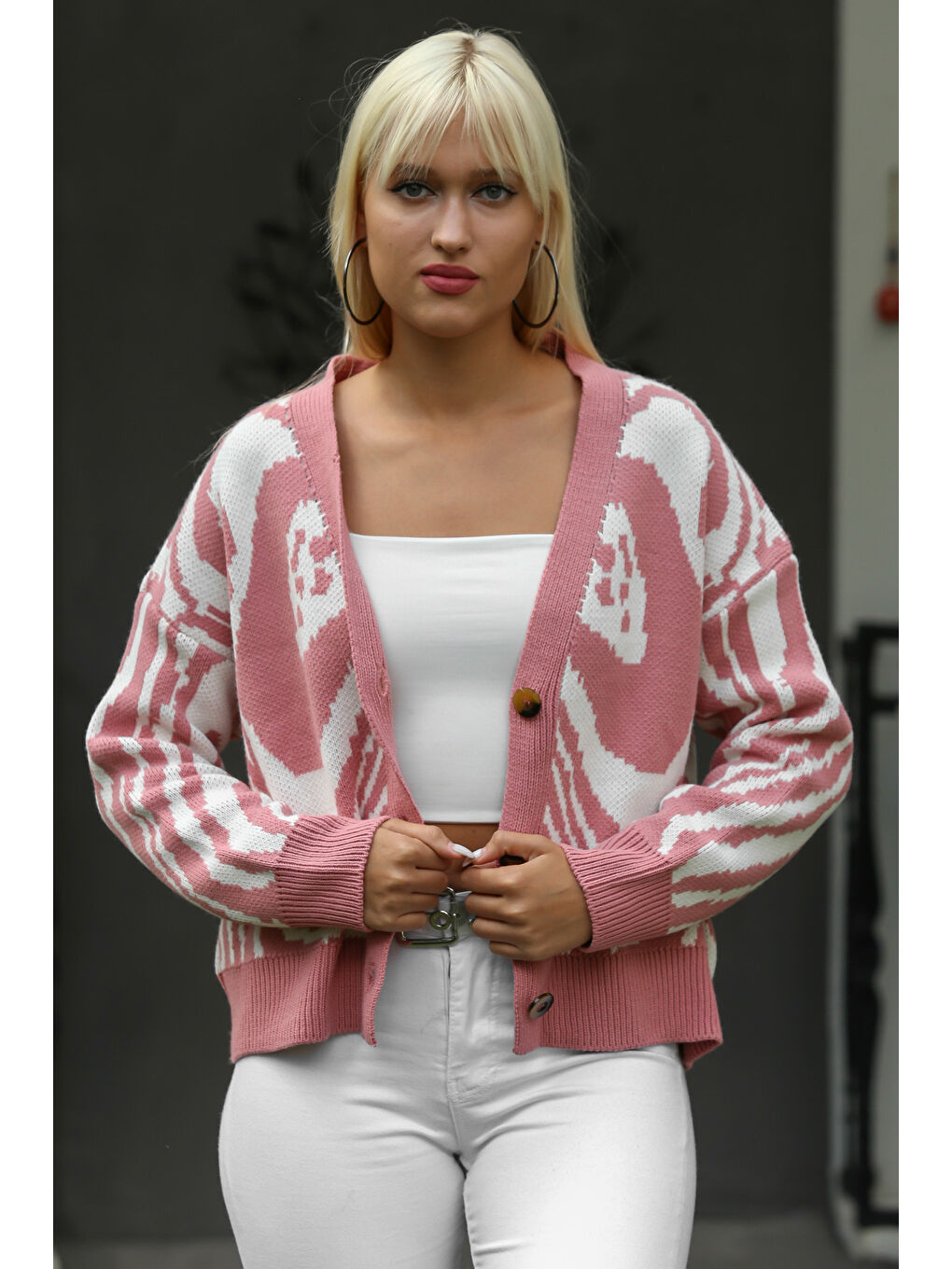 Chiccy Pembe Kadın Pudra Uzun Kol Düğmeli Midi Oversize Akrilik Triko Hırka